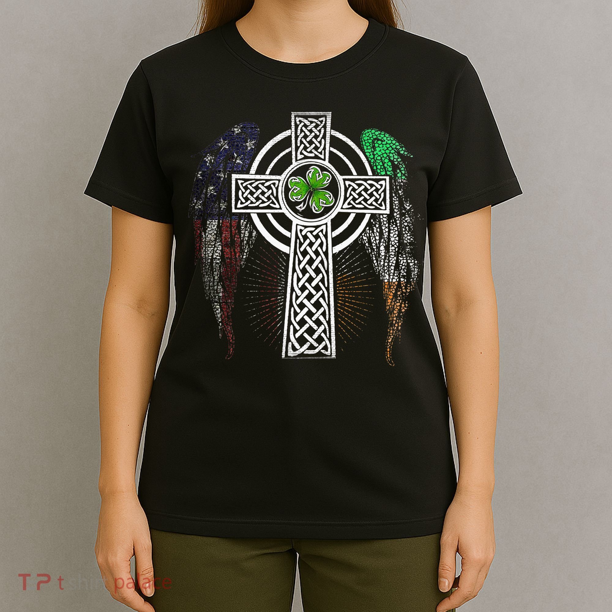 Irish American USA Flag Celtic Cross St Patricks Day T-Shirt