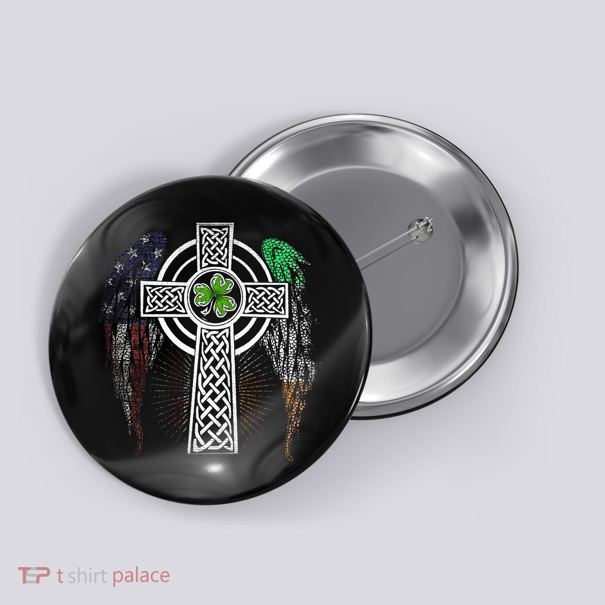 Irish American USA Flag Celtic Cross St Patricks Day Button