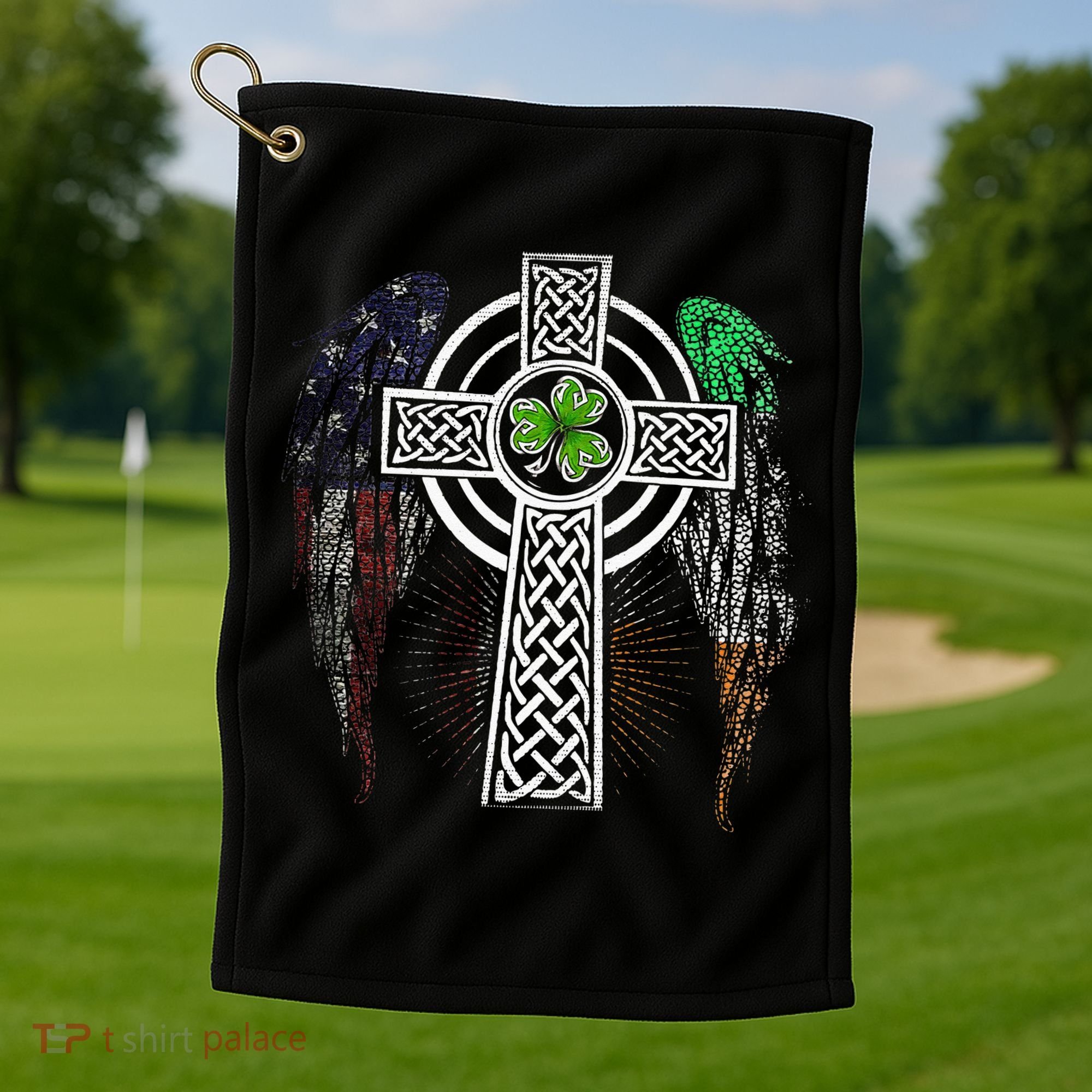 Irish American USA Flag Celtic Cross St Patricks Day Golf Towel