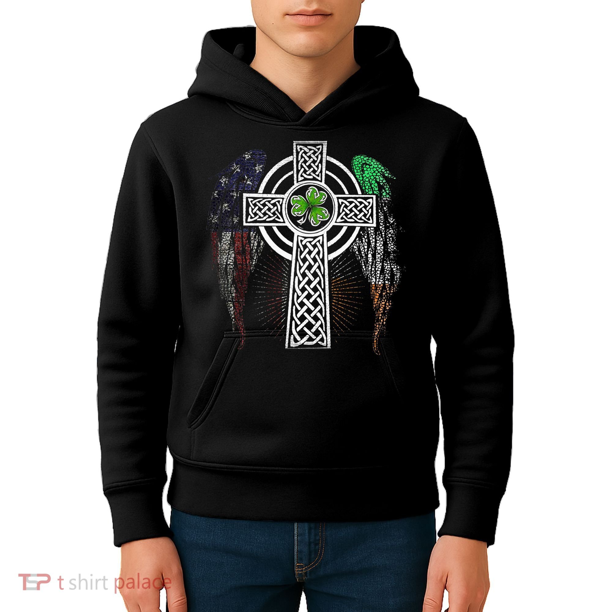 Irish American USA Flag Celtic Cross St Patricks Day Kids Hoodie