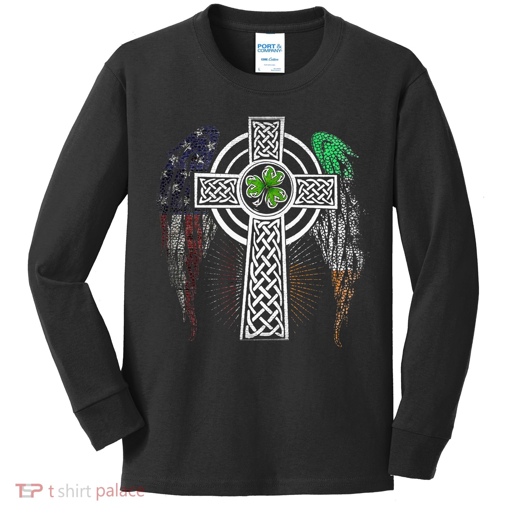 Irish American USA Flag Celtic Cross St Patricks Day Kids Long Sleeve Shirt