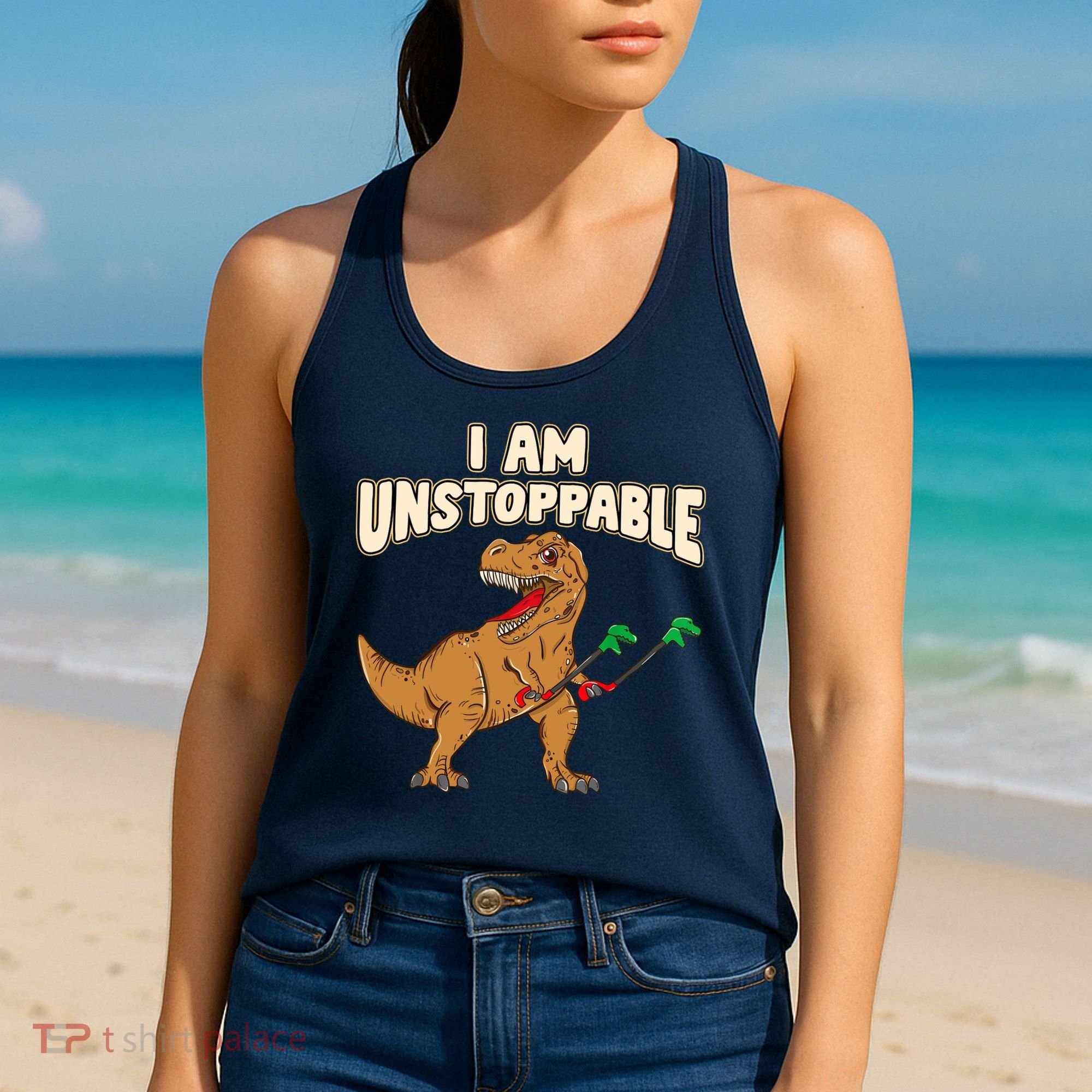 I Am Unstoppable TRex Funny Short Dinosaur Arms Joke Women's Tank Top