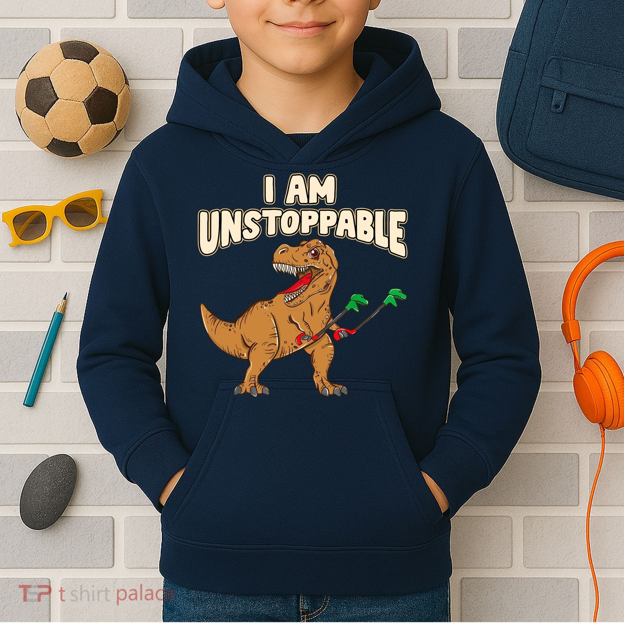 I Am Unstoppable TRex Funny Short Dinosaur Arms Joke Kids Hoodie