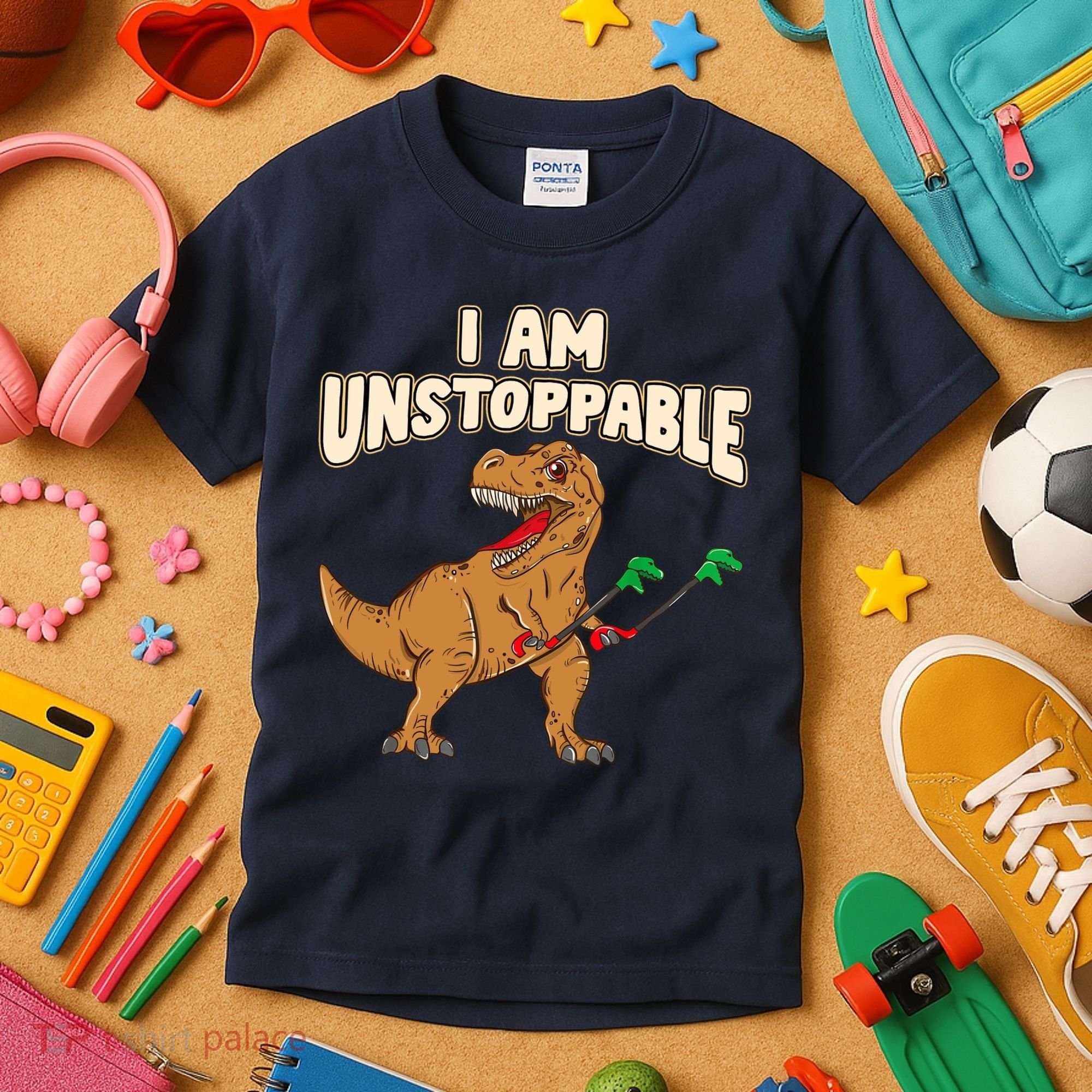 I Am Unstoppable TRex Funny Short Dinosaur Arms Joke Kids T-Shirt