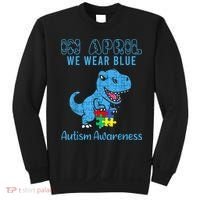 In April We Wear Blue Autism Awareness Month Dinosaur TRex Sweatshirt thumb 0