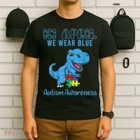 In April We Wear Blue Autism Awareness Month Dinosaur TRex T-Shirt thumb 6