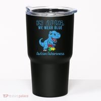 In April We Wear Blue Autism Awareness Month Dinosaur TRex Tumbler thumb 0