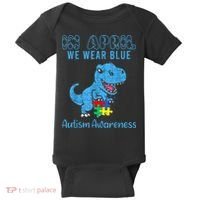 In April We Wear Blue Autism Awareness Month Dinosaur TRex Baby Bodysuit thumb 0