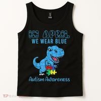 In April We Wear Blue Autism Awareness Month Dinosaur TRex Tank Top thumb 2