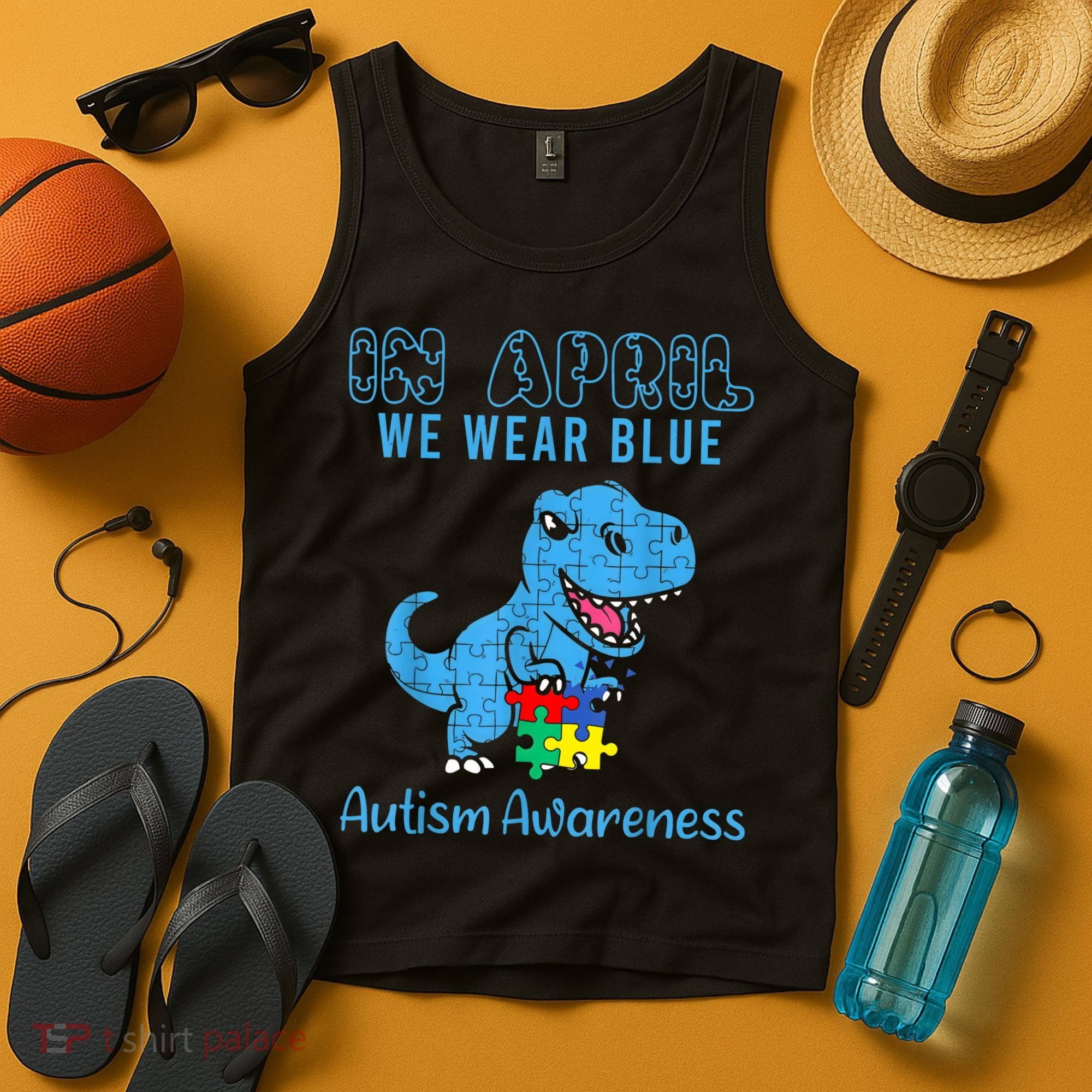 In April We Wear Blue Autism Awareness Month Dinosaur TRex Tank Top