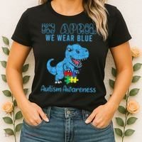 In April We Wear Blue Autism Awareness Month Dinosaur TRex Women's T-Shirt thumb 2