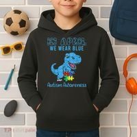 In April We Wear Blue Autism Awareness Month Dinosaur TRex Kids Hoodie thumb 2