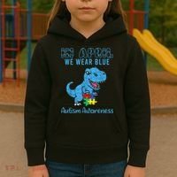 In April We Wear Blue Autism Awareness Month Dinosaur TRex Kids Hoodie thumb 3