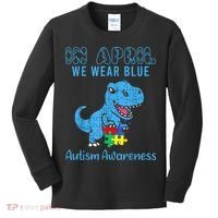 In April We Wear Blue Autism Awareness Month Dinosaur TRex Kids Long Sleeve Shirt thumb 0