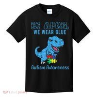 In April We Wear Blue Autism Awareness Month Dinosaur TRex Kids T-Shirt thumb 0