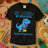 In April We Wear Blue Autism Awareness Month Dinosaur TRex Kids T-Shirt thumb 3