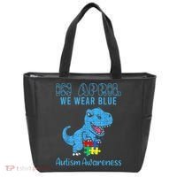 In April We Wear Blue Autism Awareness Month Dinosaur TRex Tote Bag thumb 0