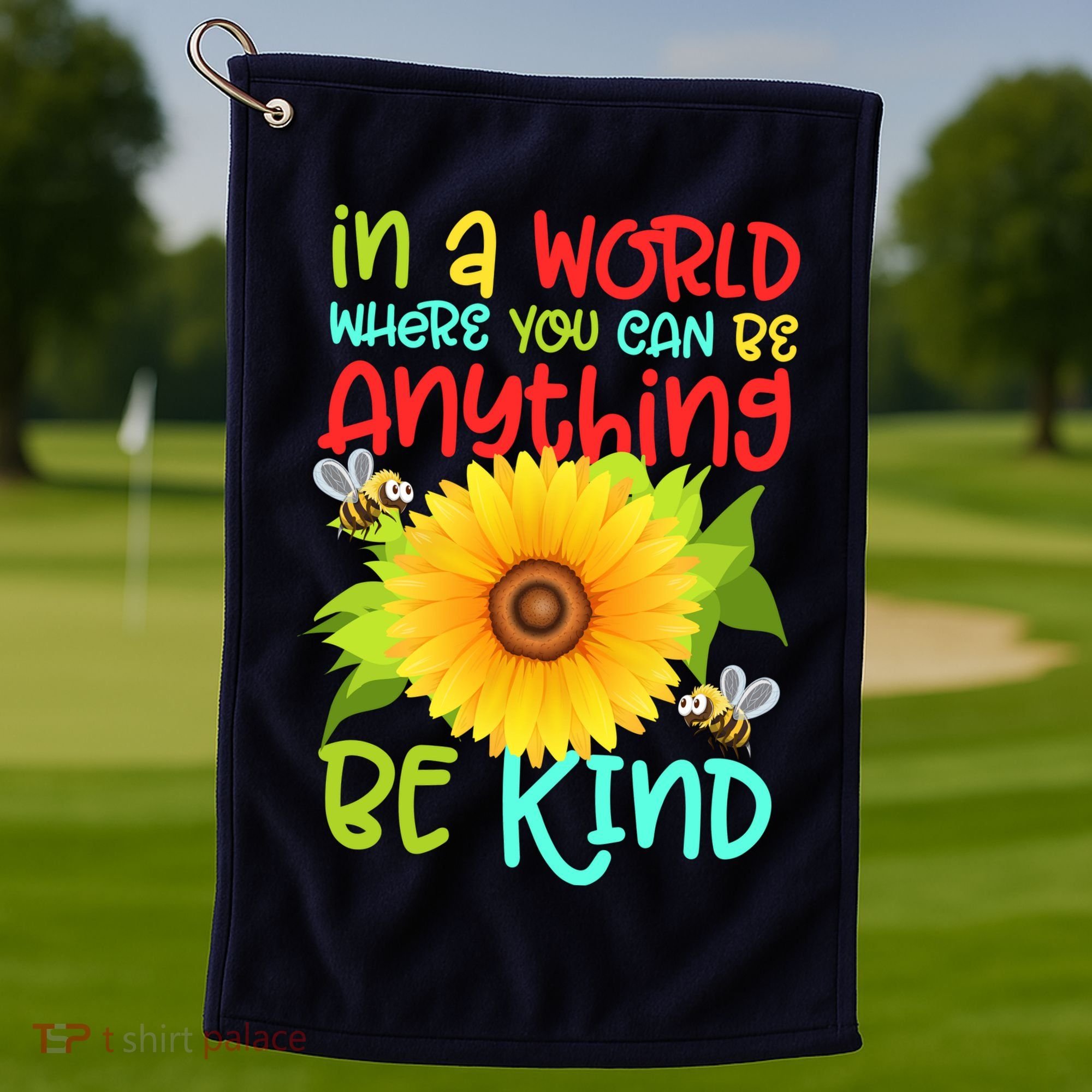 In A World Where You Can Be Anything Be Kind Sunflower Kindness Golf Towel