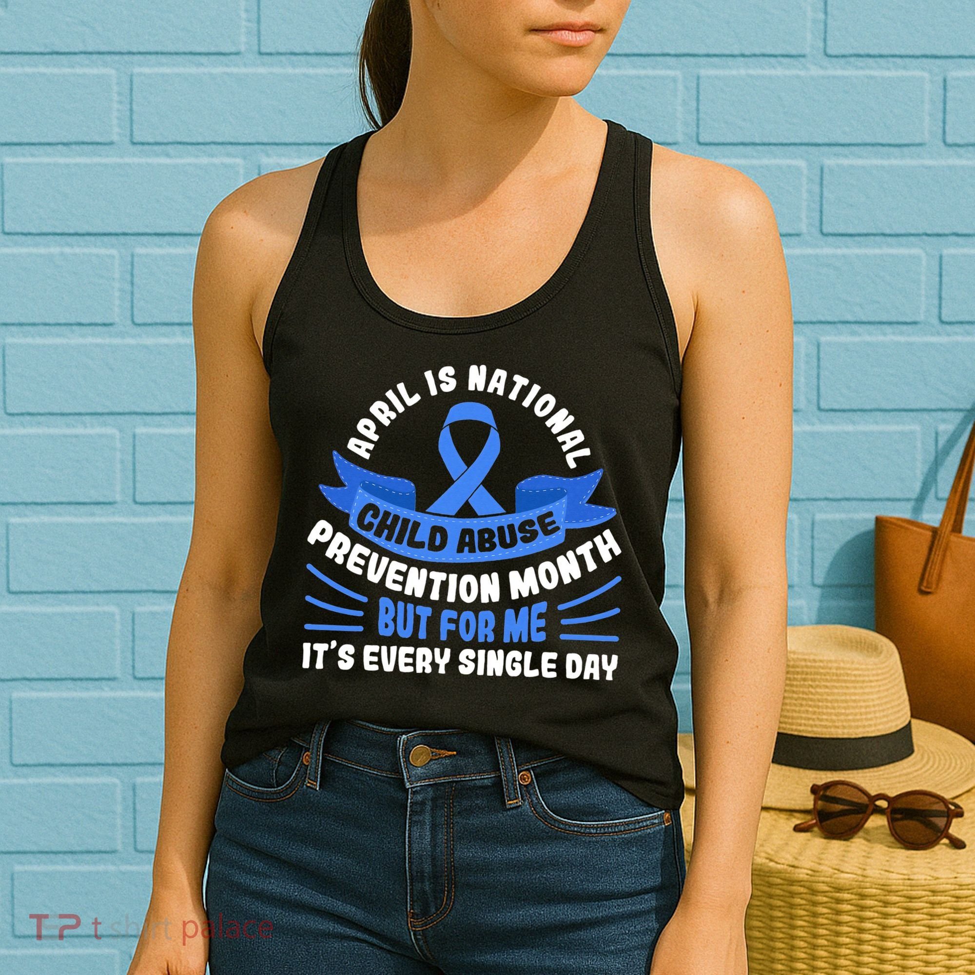 In April We Wear Blue Child Abuse Prevention Awareness T rex Women's Tank Top