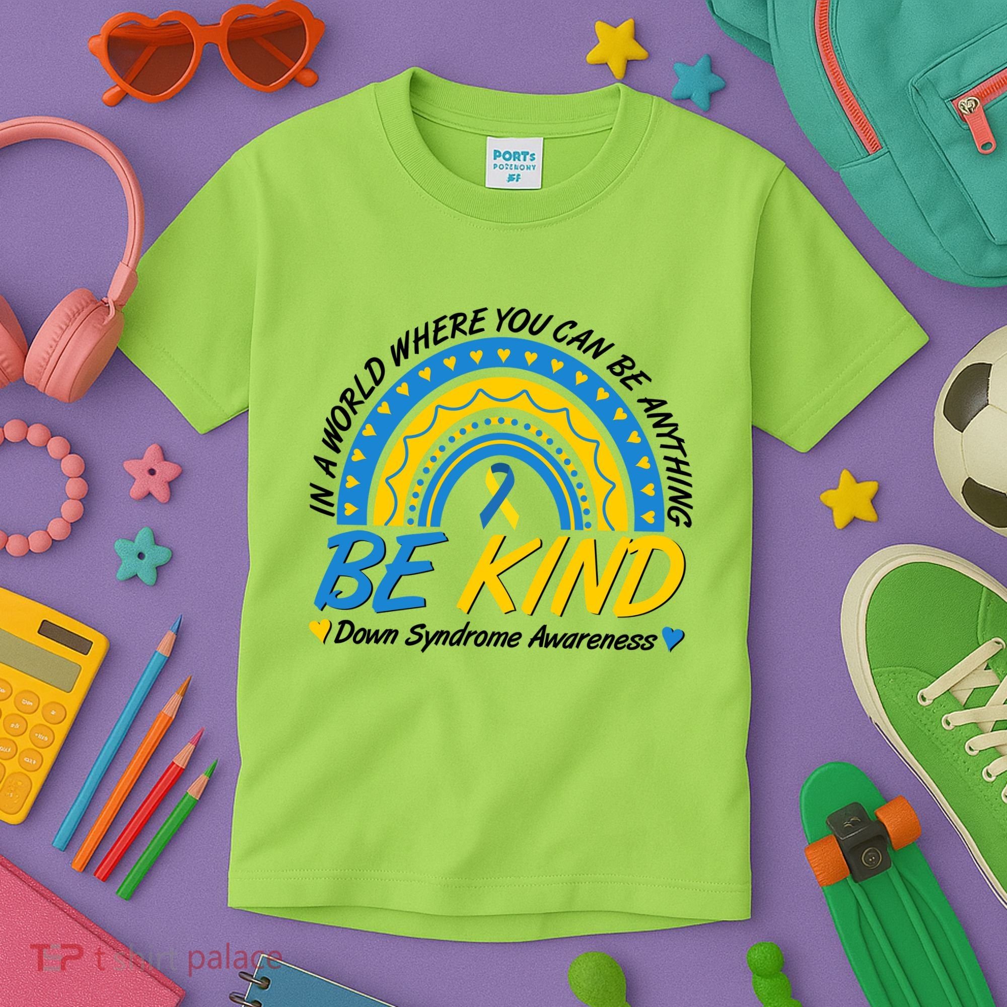 In A World Where You Can Be Anything Be Kind Down Syndrome Awareness Blue Yellow Kids T-Shirt