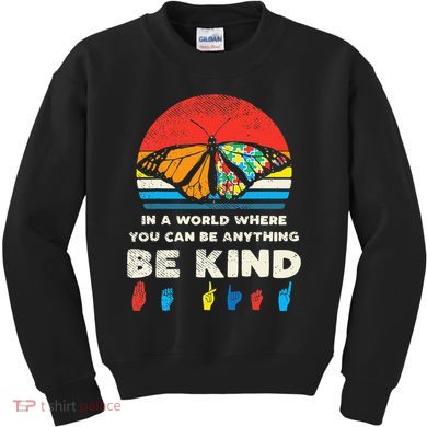 In A World Be Kind Monarch Butterfly Retro Autism Awareness  Kids Sweatshirt