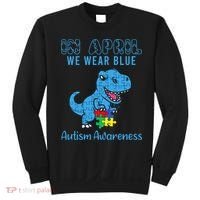 In April We Wear Blue Autism Awareness Month Dinosaur Sweatshirt thumb 0