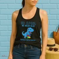 In April We Wear Blue Autism Awareness Month Dinosaur Women's Tank Top thumb 2