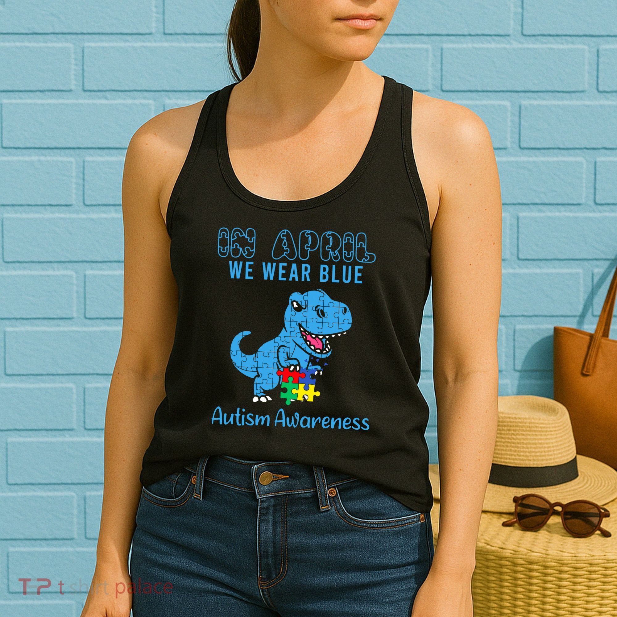 In April We Wear Blue Autism Awareness Month Dinosaur Women's Tank Top
