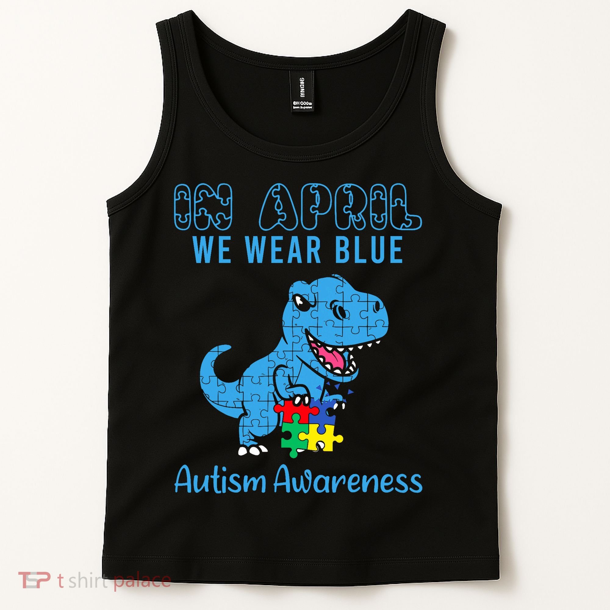 In April We Wear Blue Autism Awareness Month Dinosaur Tank Top