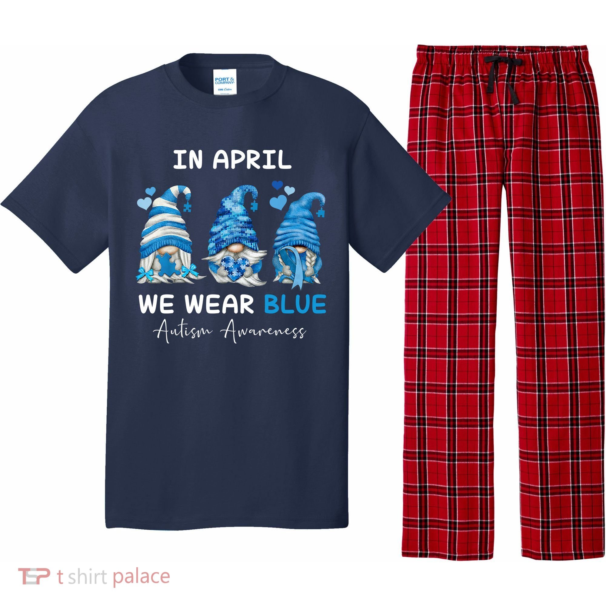 In April We Wear Blue Autism Awareness With Gnome Pajama Set