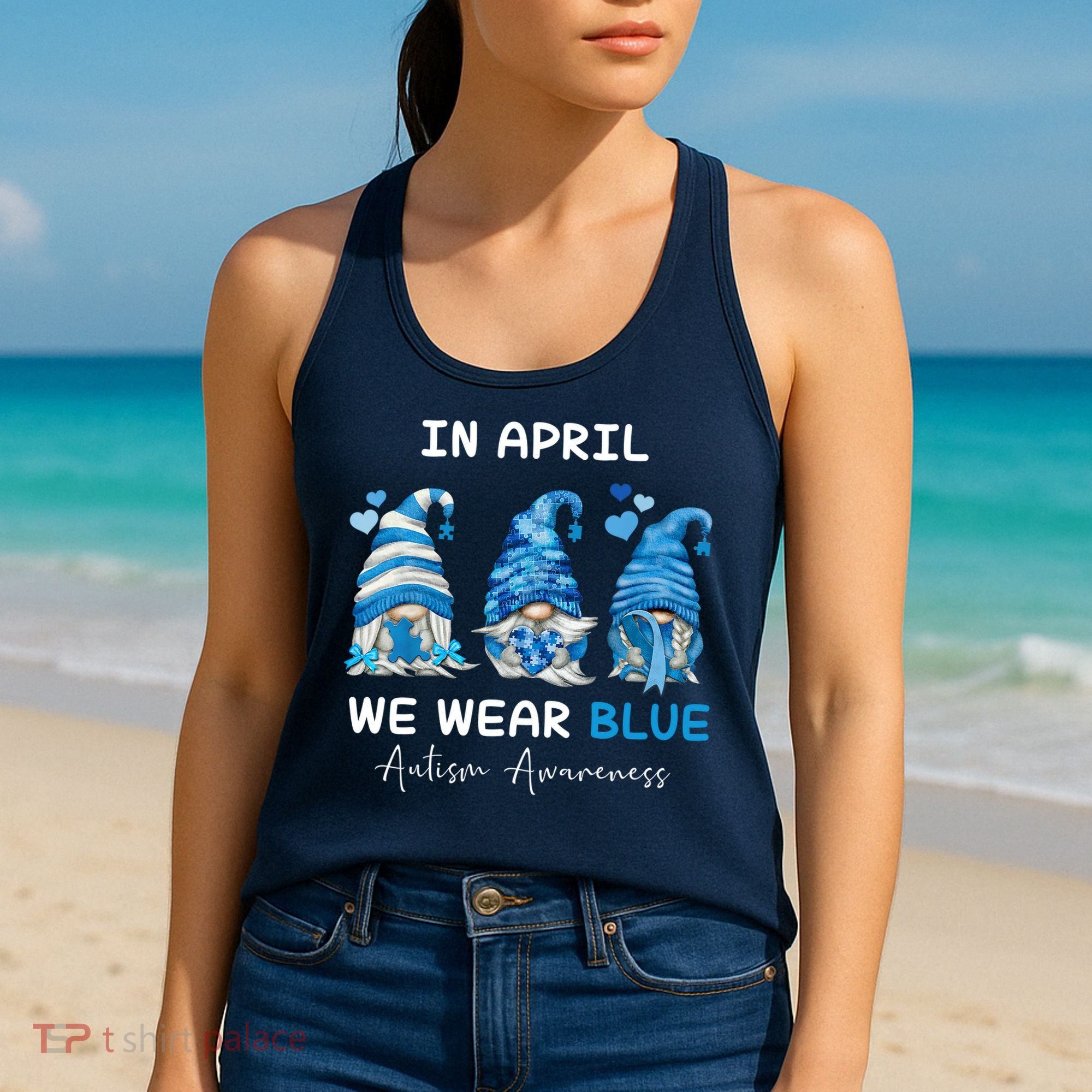 In April We Wear Blue Autism Awareness With Gnome Women's Tank Top
