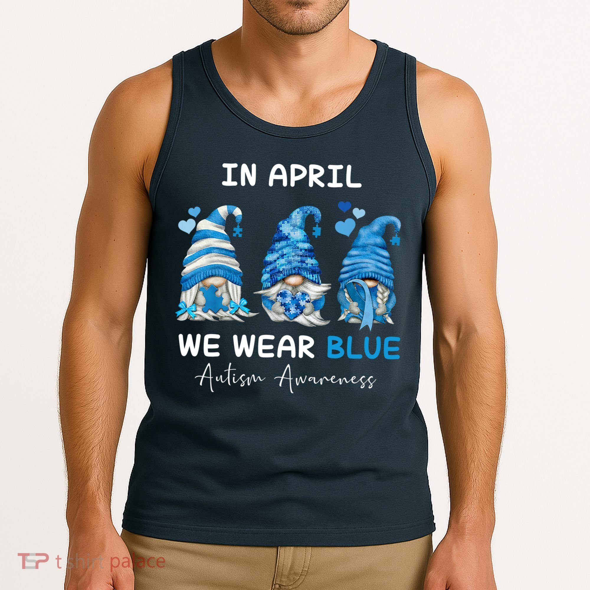 In April We Wear Blue Autism Awareness With Gnome Tank Top