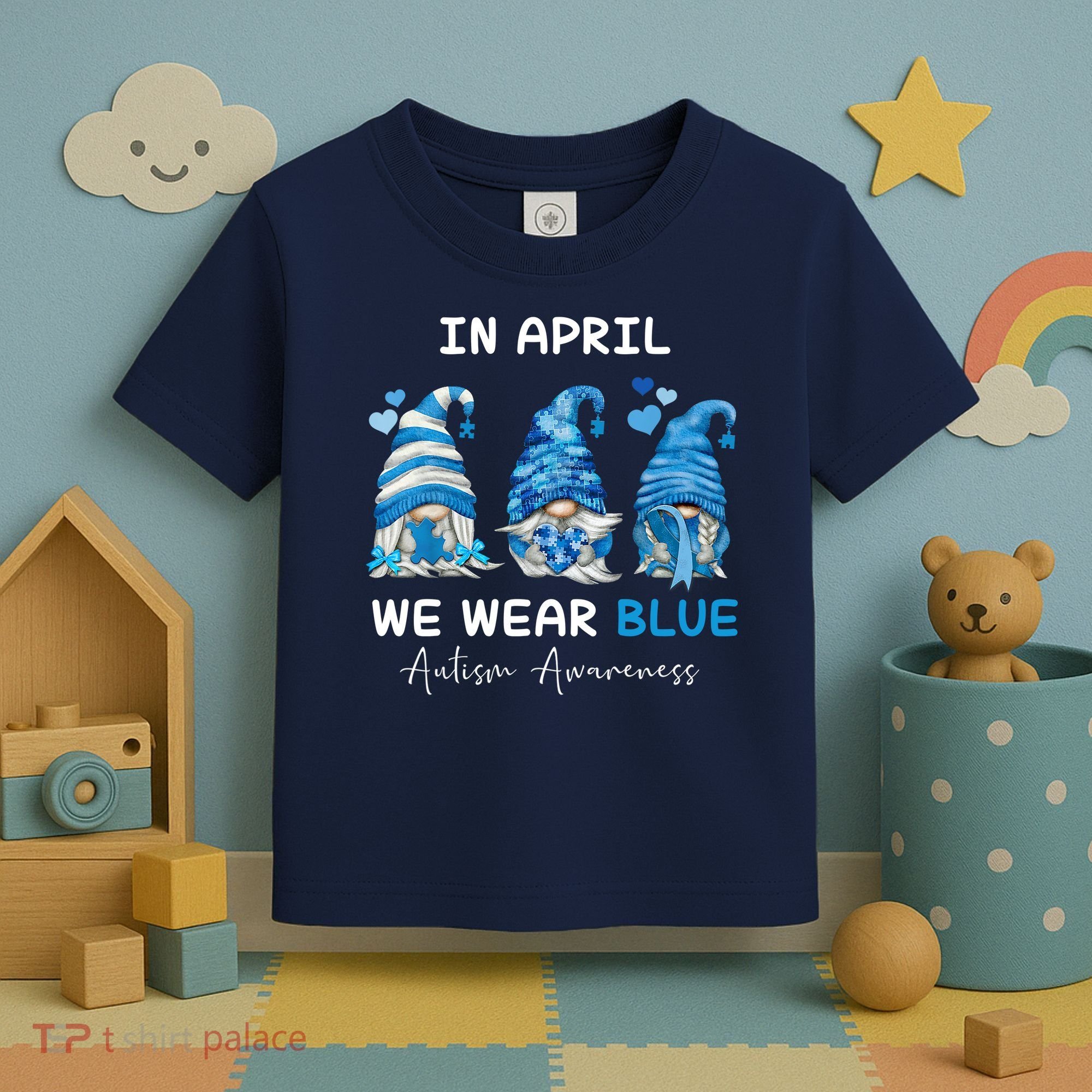 In April We Wear Blue Autism Awareness With Gnome Toddler T-Shirt