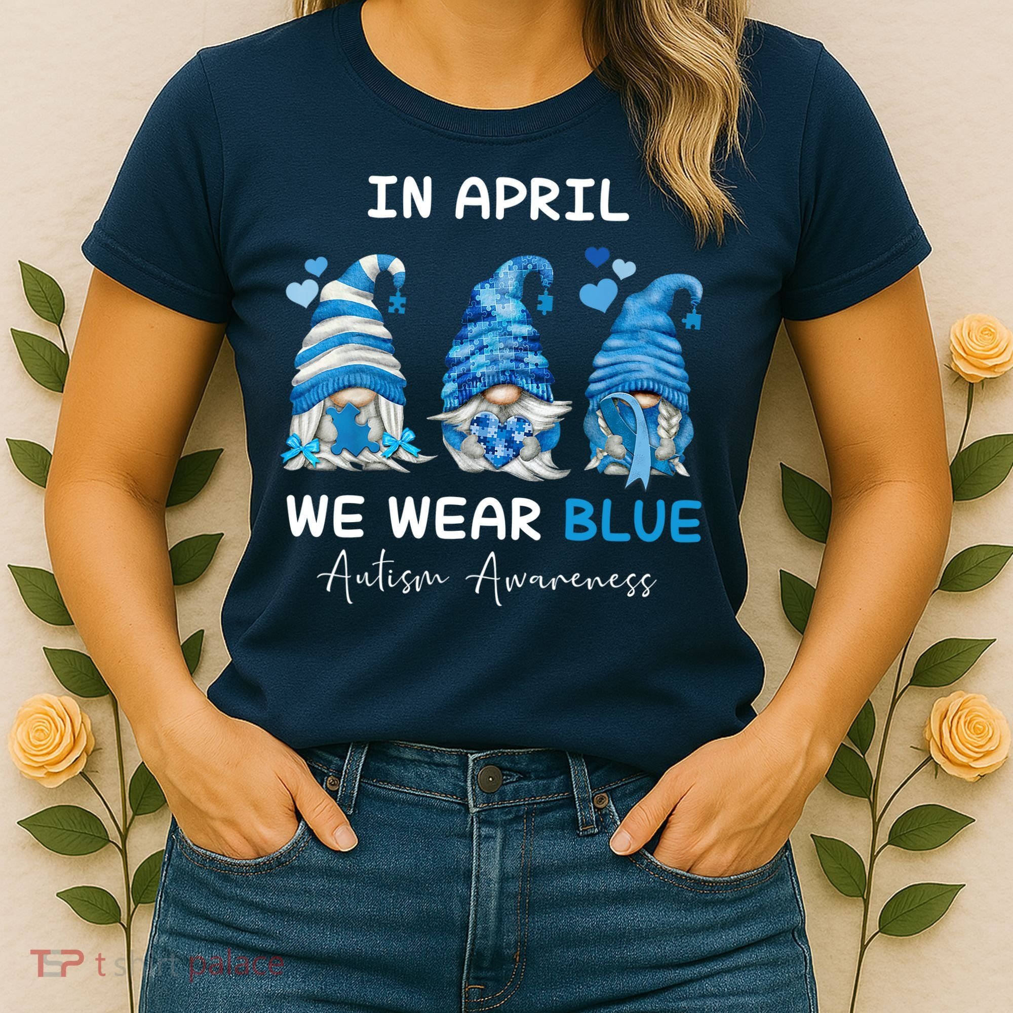 In April We Wear Blue Autism Awareness With Gnome Women's T-Shirt