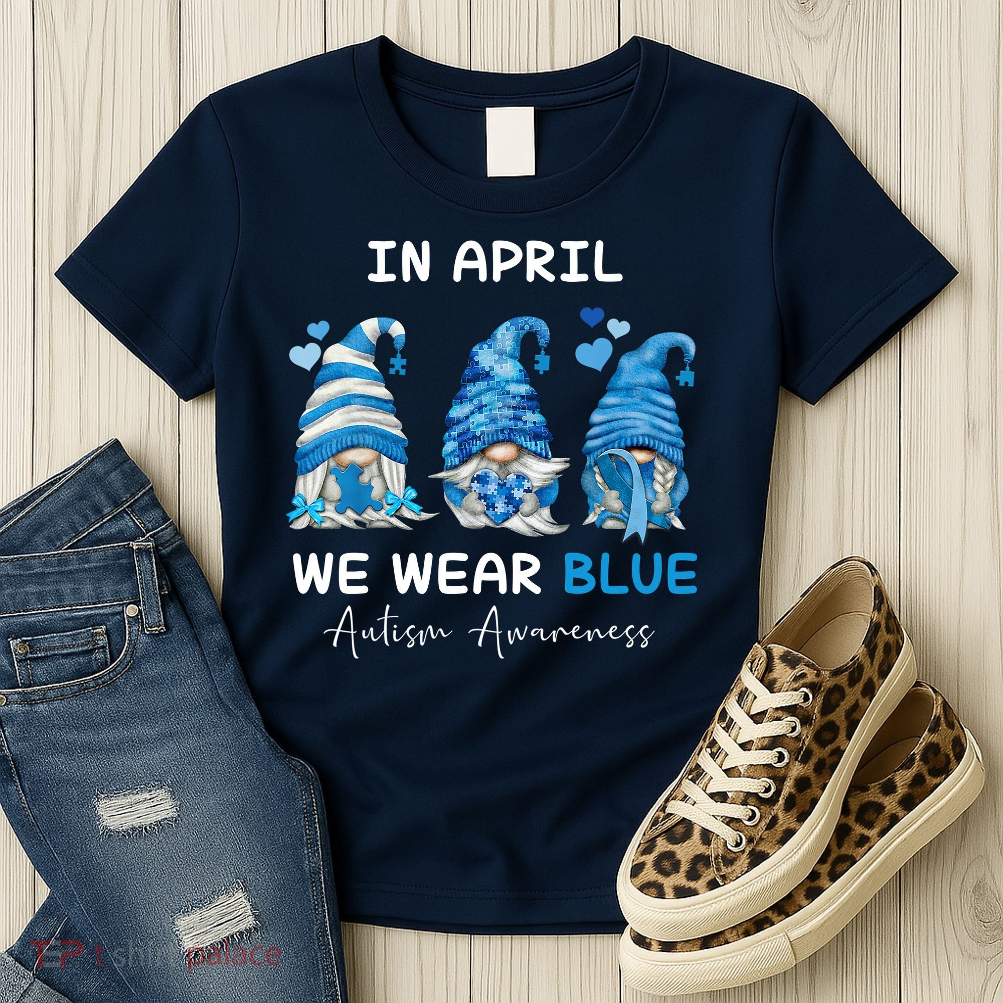 In April We Wear Blue Autism Awareness With Gnome Women's T-Shirt