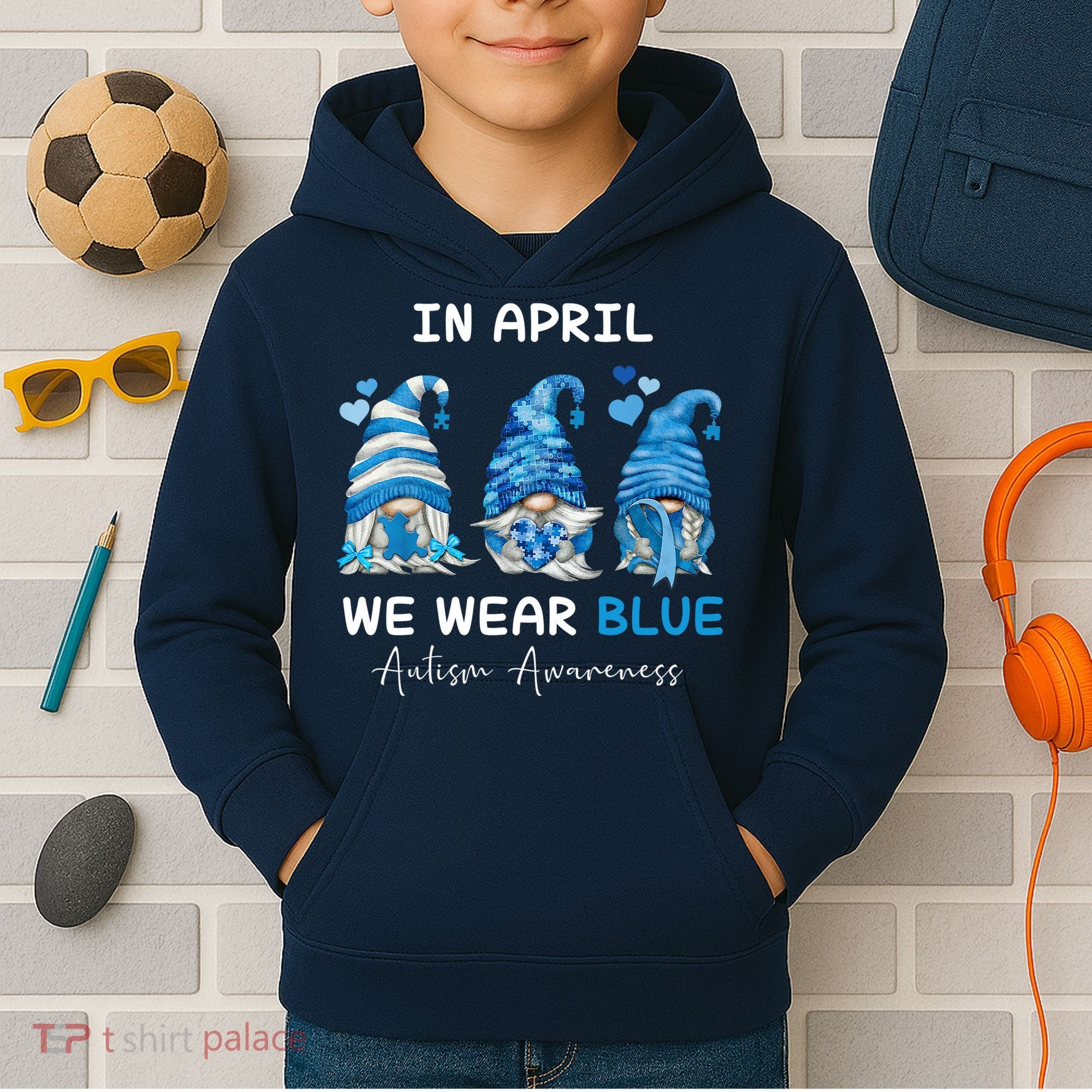 In April We Wear Blue Autism Awareness With Gnome Kids Hoodie