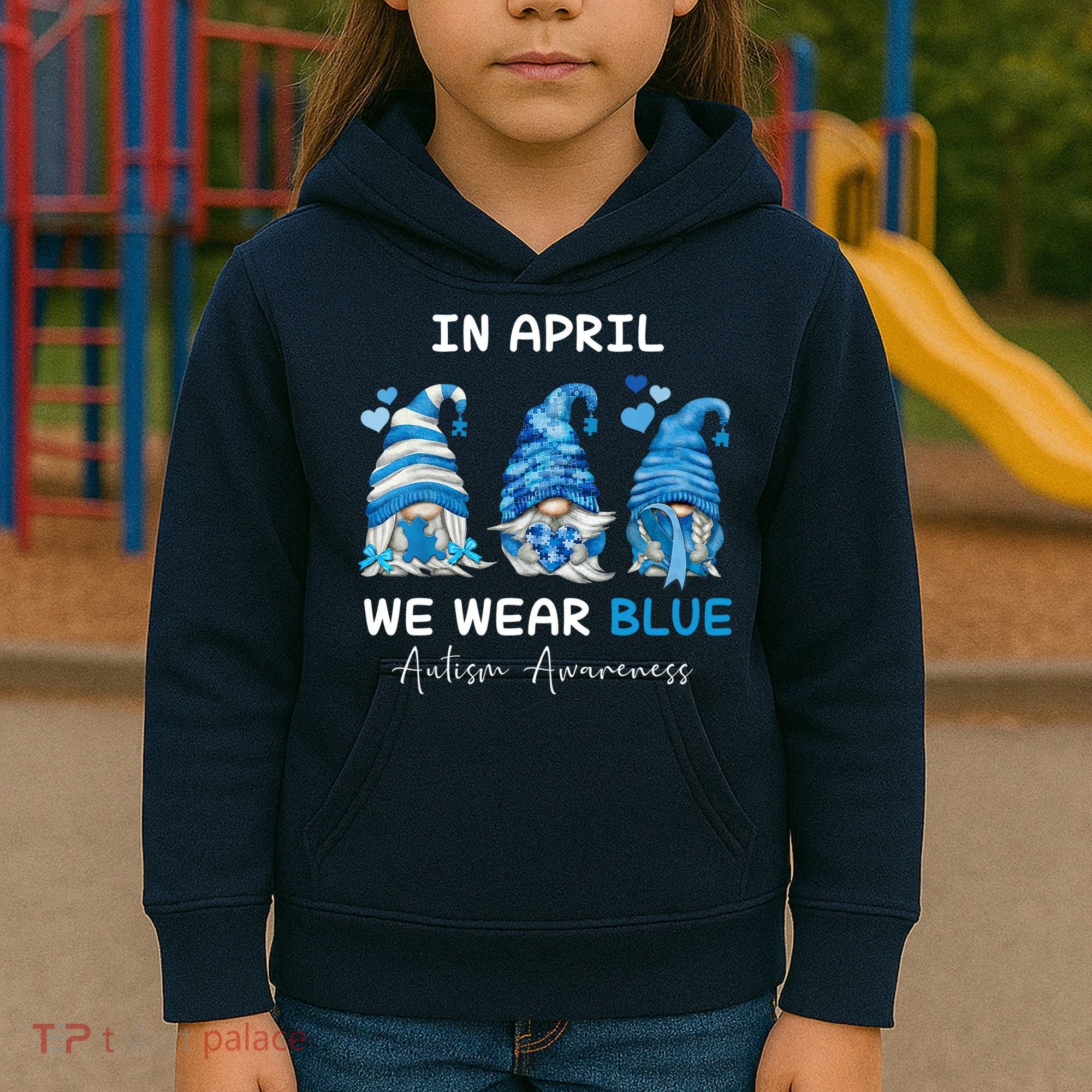 In April We Wear Blue Autism Awareness With Gnome Kids Hoodie