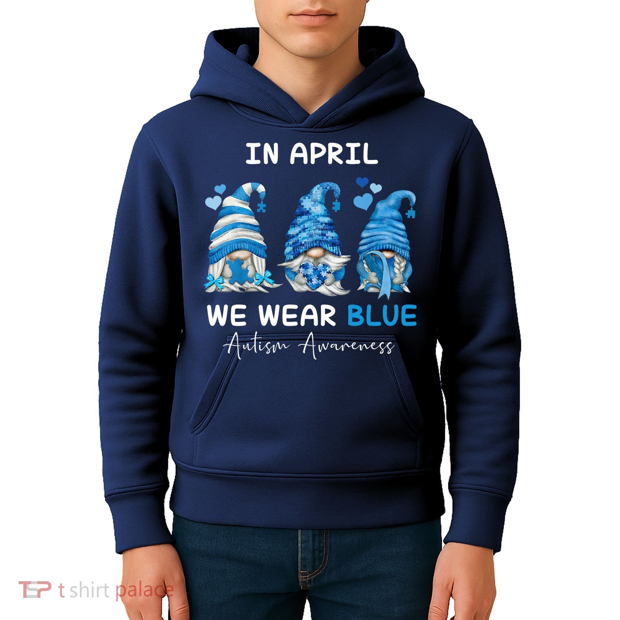 In April We Wear Blue Autism Awareness With Gnome Kids Hoodie