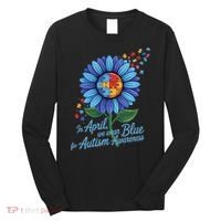 In April We Wear Blue For Autism Awareness Puzzle Sunflower Long Sleeve Shirt thumb 0