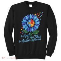 In April We Wear Blue For Autism Awareness Puzzle Sunflower Sweatshirt thumb 0