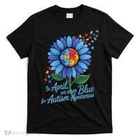 In April We Wear Blue For Autism Awareness Puzzle Sunflower T-Shirt thumb 0