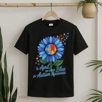 In April We Wear Blue For Autism Awareness Puzzle Sunflower T-Shirt thumb 2