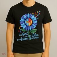 In April We Wear Blue For Autism Awareness Puzzle Sunflower T-Shirt thumb 3