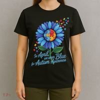 In April We Wear Blue For Autism Awareness Puzzle Sunflower T-Shirt thumb 4