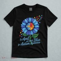 In April We Wear Blue For Autism Awareness Puzzle Sunflower T-Shirt thumb 5