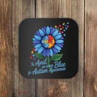 In April We Wear Blue For Autism Awareness Puzzle Sunflower Coaster thumb 0