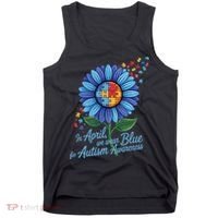 In April We Wear Blue For Autism Awareness Puzzle Sunflower Tank Top thumb 0