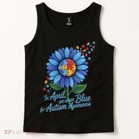In April We Wear Blue For Autism Awareness Puzzle Sunflower Tank Top thumb 2