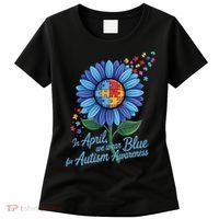 In April We Wear Blue For Autism Awareness Puzzle Sunflower Women's T-Shirt thumb 0