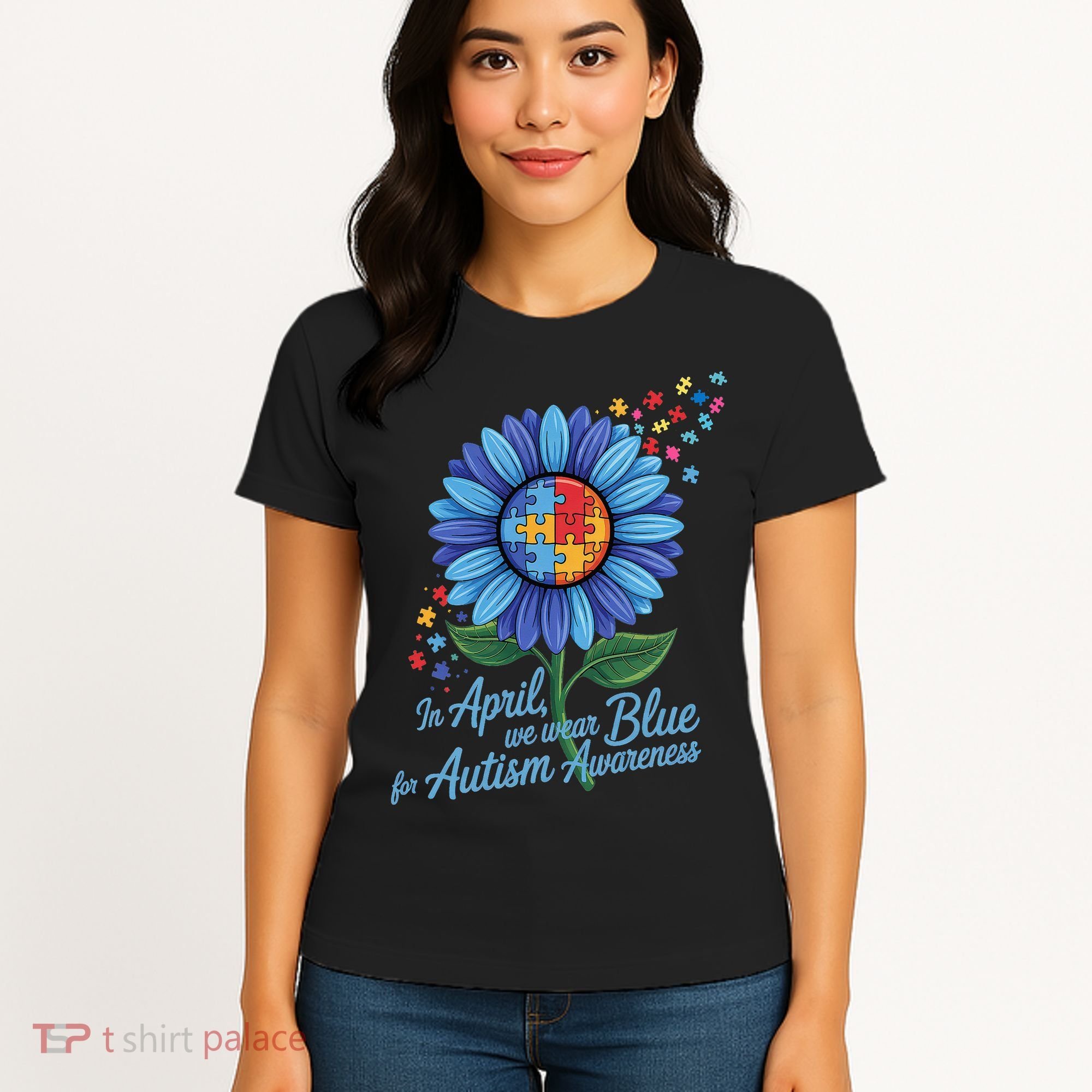 In April We Wear Blue For Autism Awareness Puzzle Sunflower Women's T-Shirt